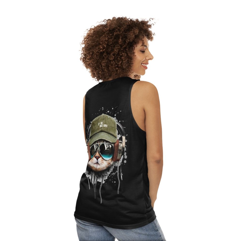 DJ Cat Unisex Tank Top with Headphones and Sunglasses - women back