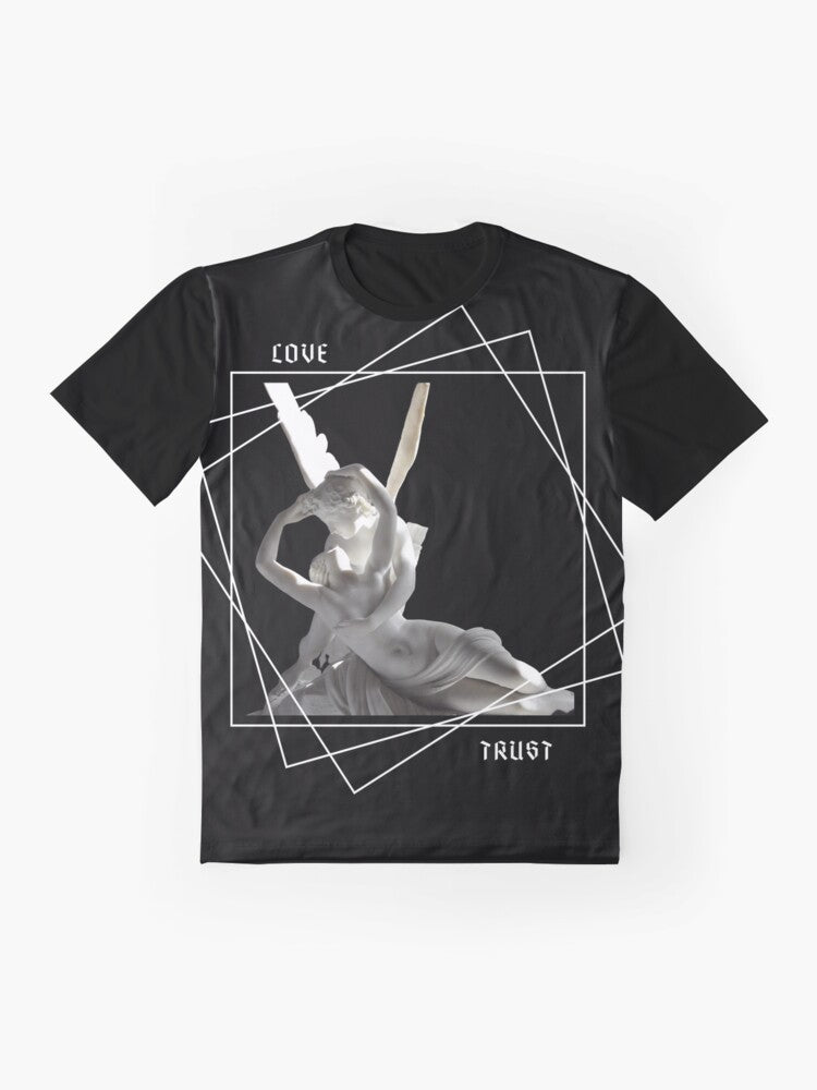 Psyche and Eros graphic t-shirt featuring a mythological design from ancient Greek mythology - Flat lay