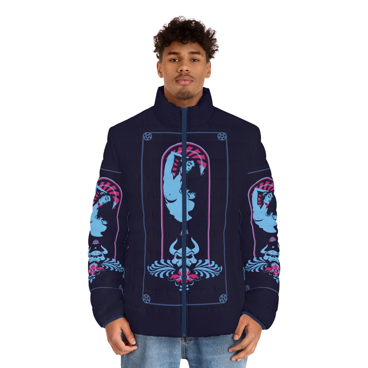 Satanic puffer jacket with occult and esoteric imagery - men front