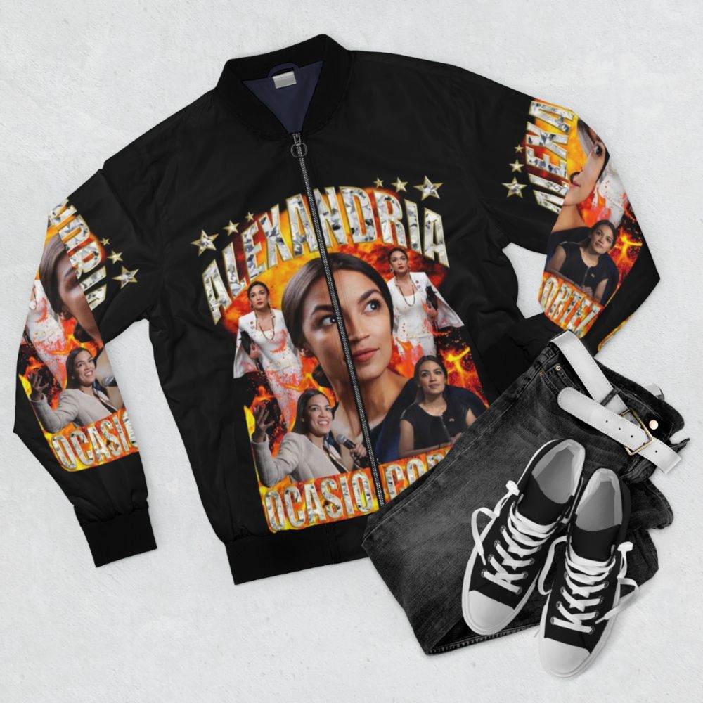 Alexandria Ocasio-Cortez Inspired Bomber Jacket with Democratic Socialist Iconography - Flat lay