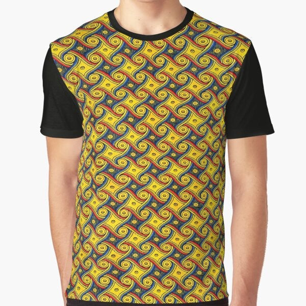 Retro hotel carpet pattern art graphic t-shirt featuring a vibrant, colorful spiral design inspired by the Gally Hotel carpet at LAX.