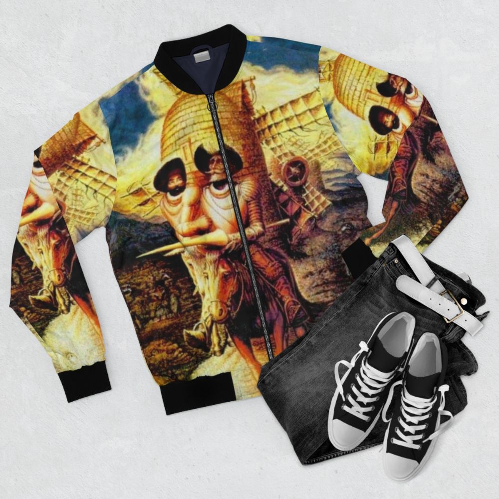 Vintage abstract bomber jacket with a psychedelic print of Don Quixote tilting at windmills - Flat lay