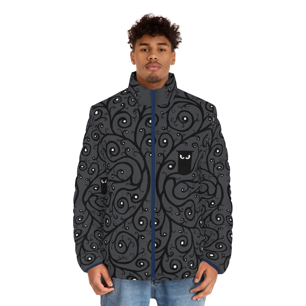 Elegant owl puffer jacket with a captivating nature-inspired pattern - men front