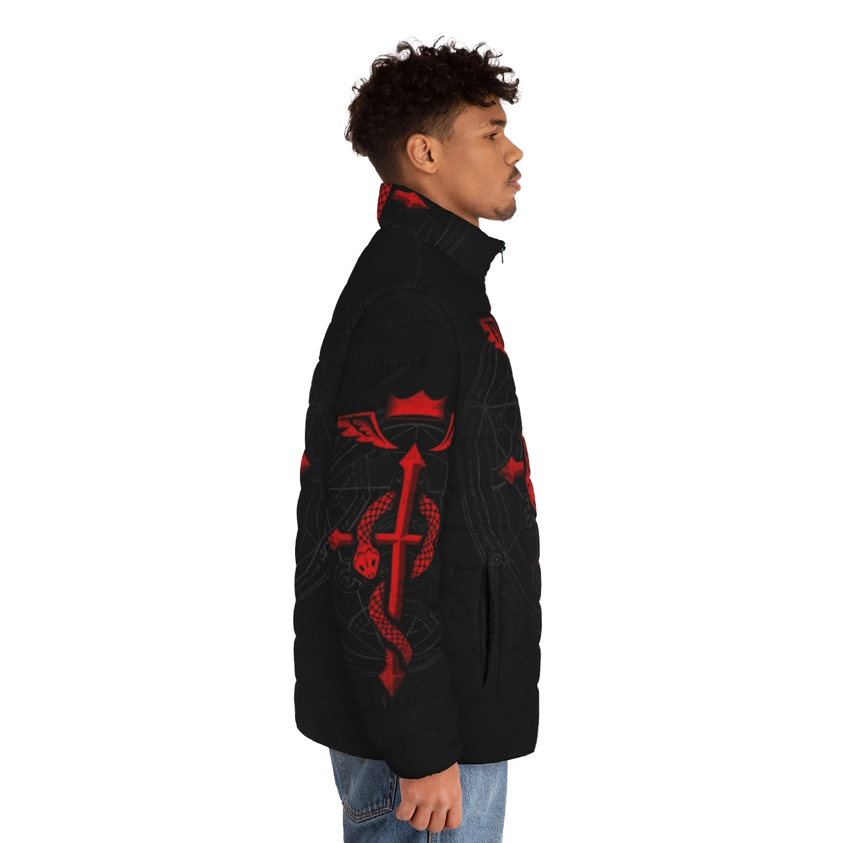 Alchemist Flamel Puffer Jacket featuring Fullmetal Alchemist symbols and imagery - men side right