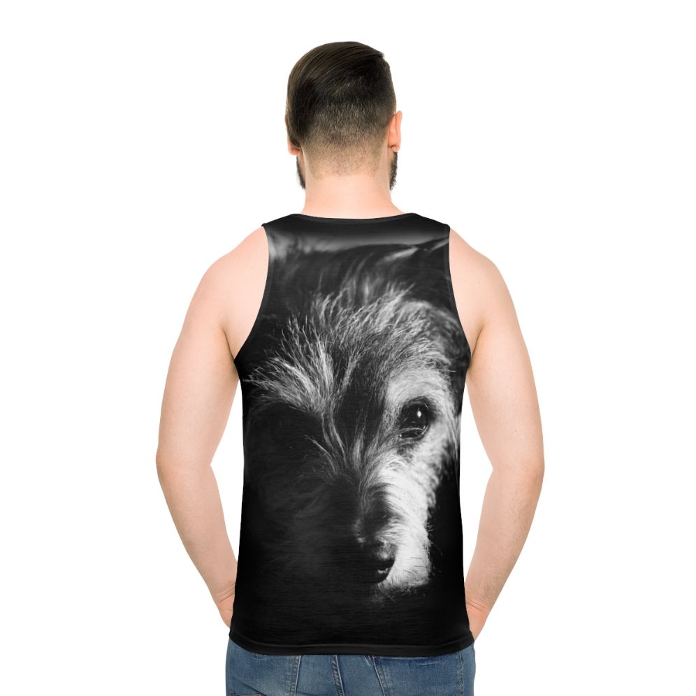 Unisex black and white terrier dog print tank top - men back