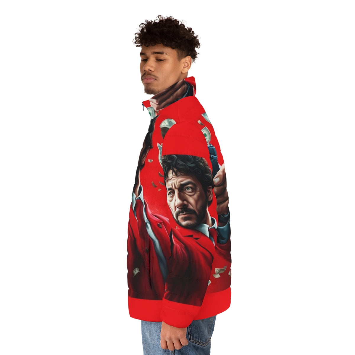 Money Heist Red Suit Puffer Jacket, featuring the iconic red suit from the popular TV series - men side left