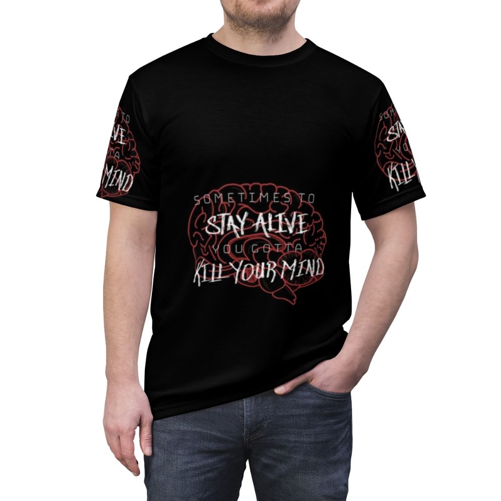 Stay Alive graphic t-shirt with brain and lyrical design, inspired by alternative rock music - men front