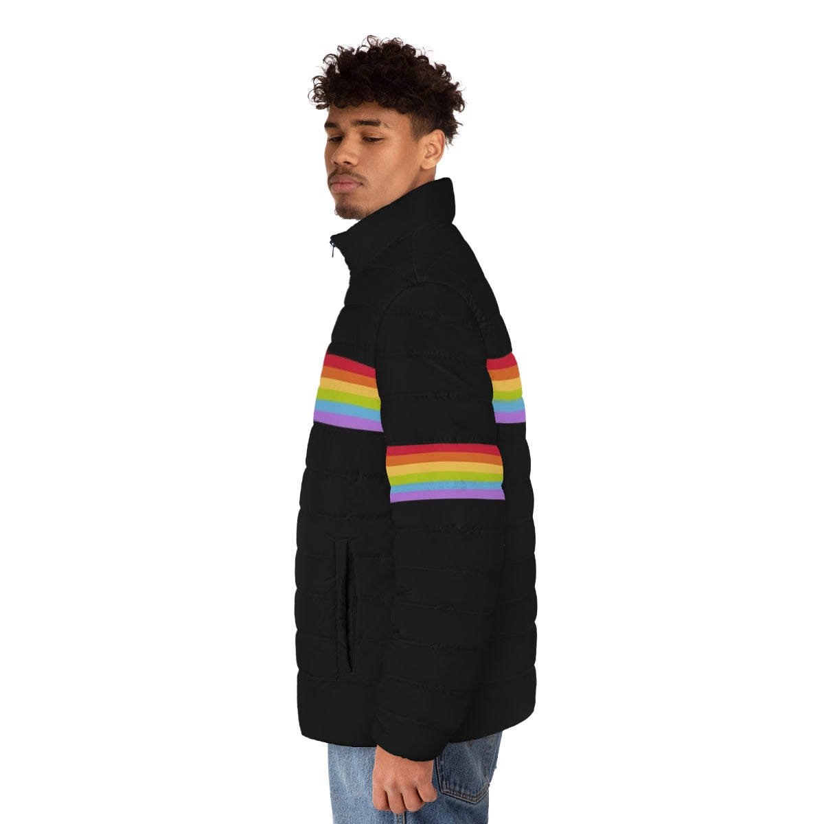 Gay pride puffer jacket with rainbow stripes and bold, colorful design - men side left