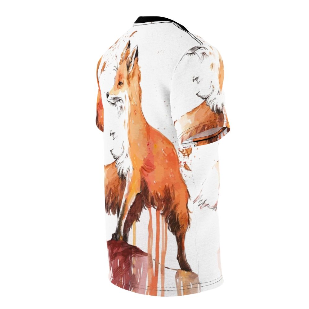 Artfully designed fox t-shirt featuring a vibrant, realistic fox illustration in an autumnal nature setting - men right