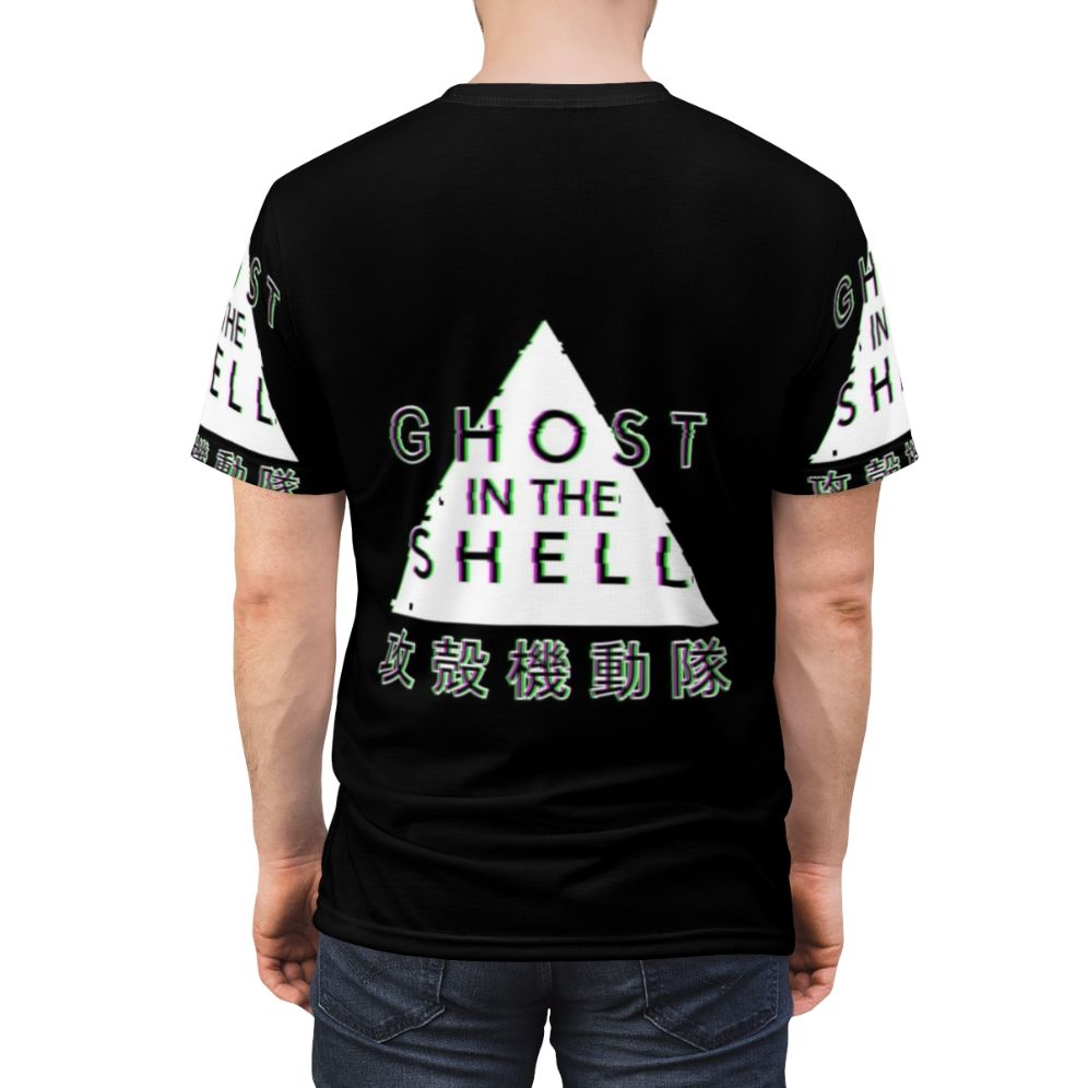 A high-quality t-shirt featuring a glitchy, cyberpunk-inspired design inspired by the anime classic Ghost in the Shell. - men back