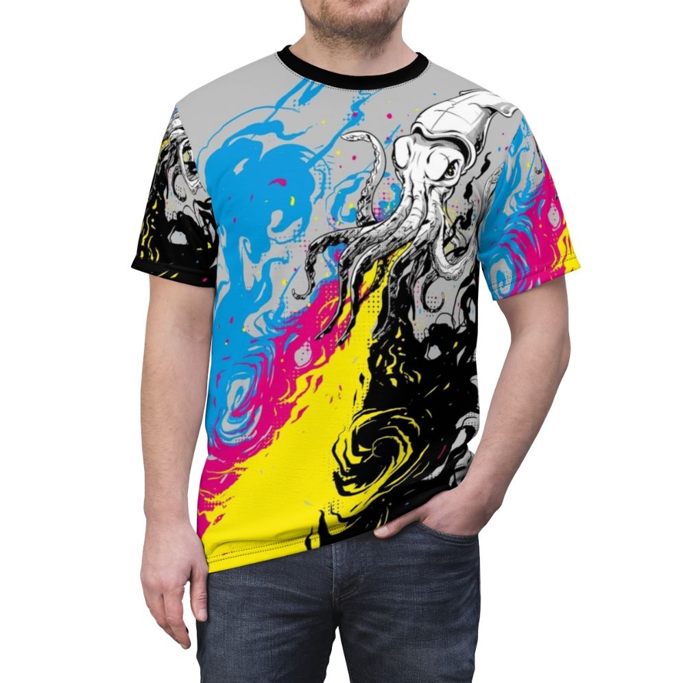 Vibrant digital art t-shirt featuring a colorful squid illustration - men front