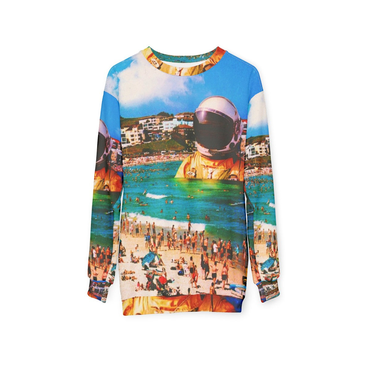 Surreal digital art sweatshirt featuring a beach astronaut in a collage design - hanging