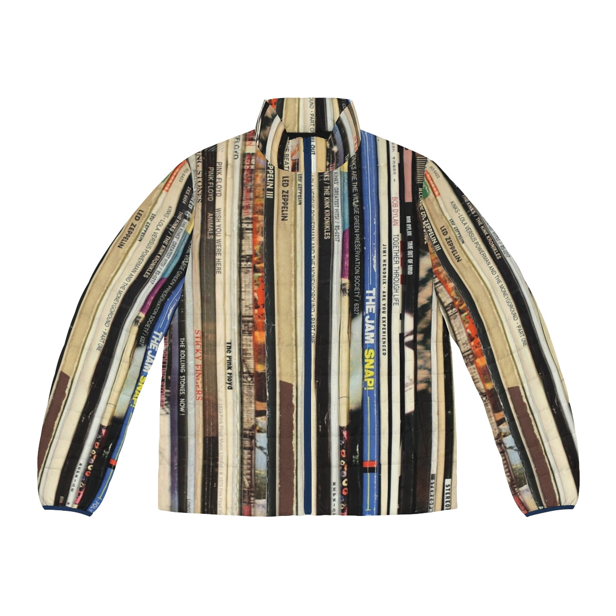 Classic rock vinyl records puffer jacket with vintage and retro design