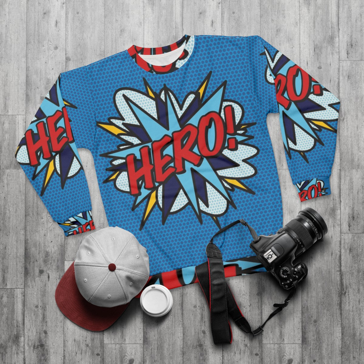 Retro hero comic book pop art sweatshirt - flat lay