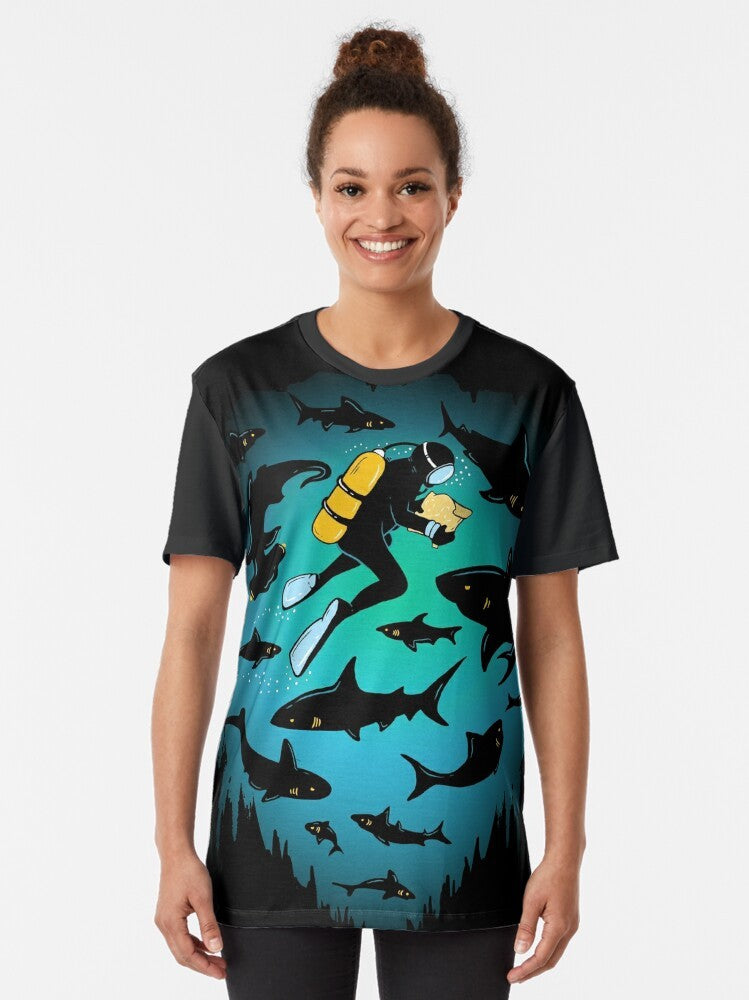 Funny graphic t-shirt featuring an illustration of a scuba diver and a shark underwater, with the text "Screwed". - Women