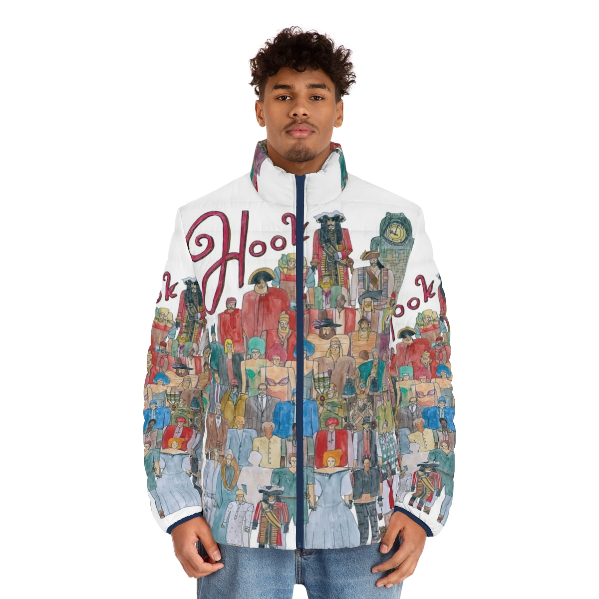 Hook Team Illustration Puffer Jacket featuring characters from the Peter Pan movie - men front