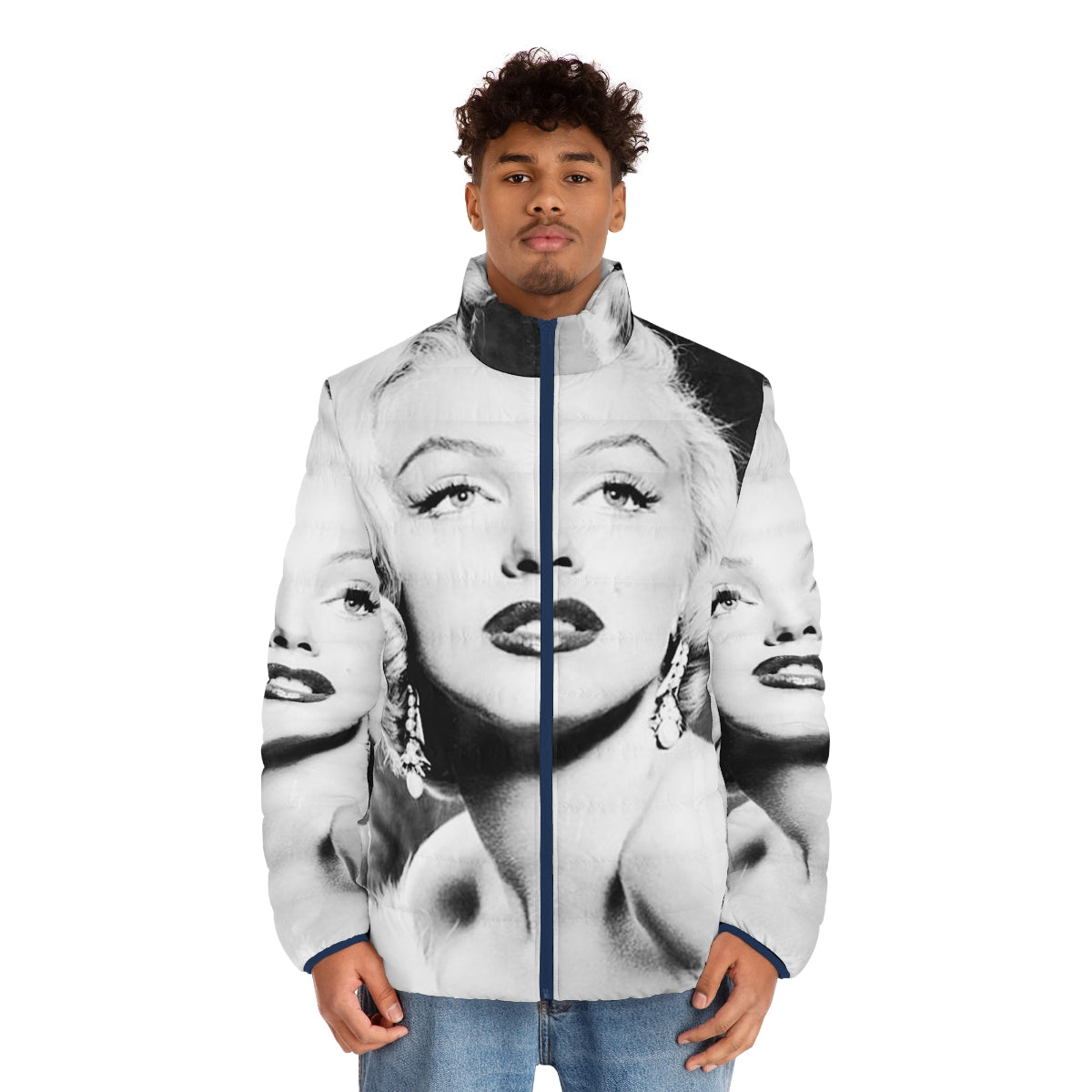 Vintage black and white portrait of Marilyn Monroe wearing a puffer jacket - men front