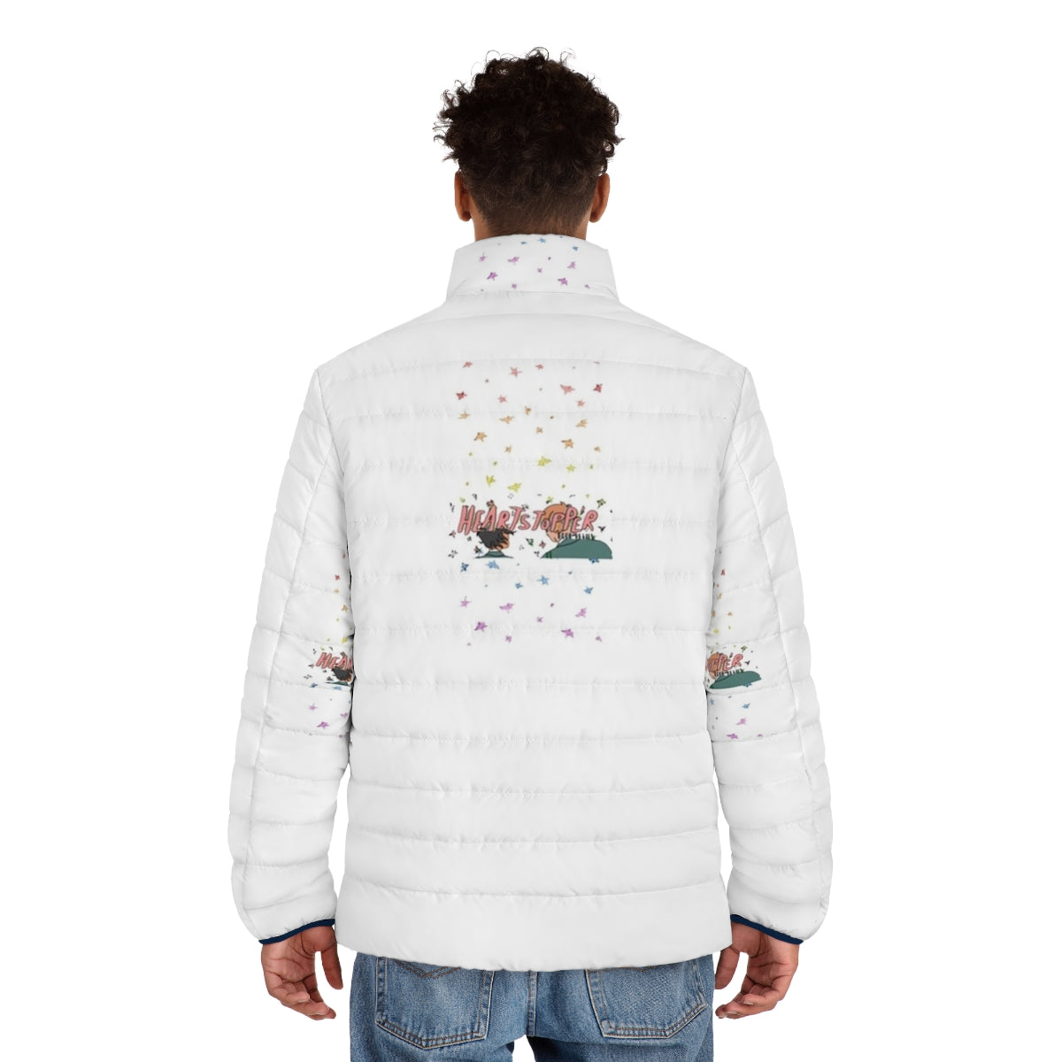 Heartstopper inspired puffer jacket featuring LGBTQ-themed design - men back