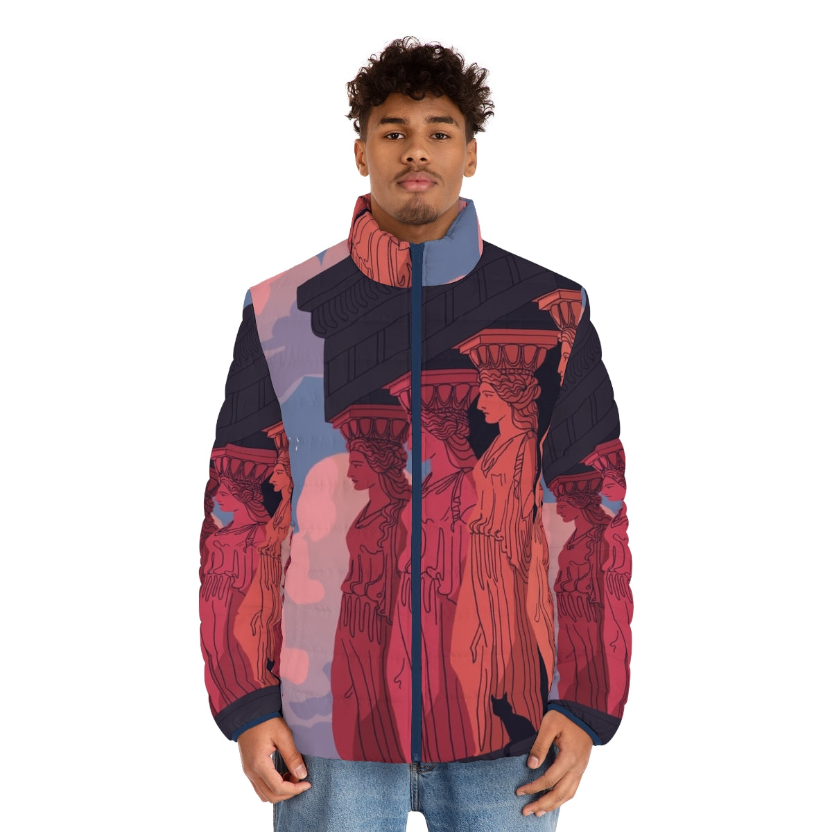 A puffer jacket featuring a stunning landscape photography of the caryatids at an ancient Greek archaeological site. - men front