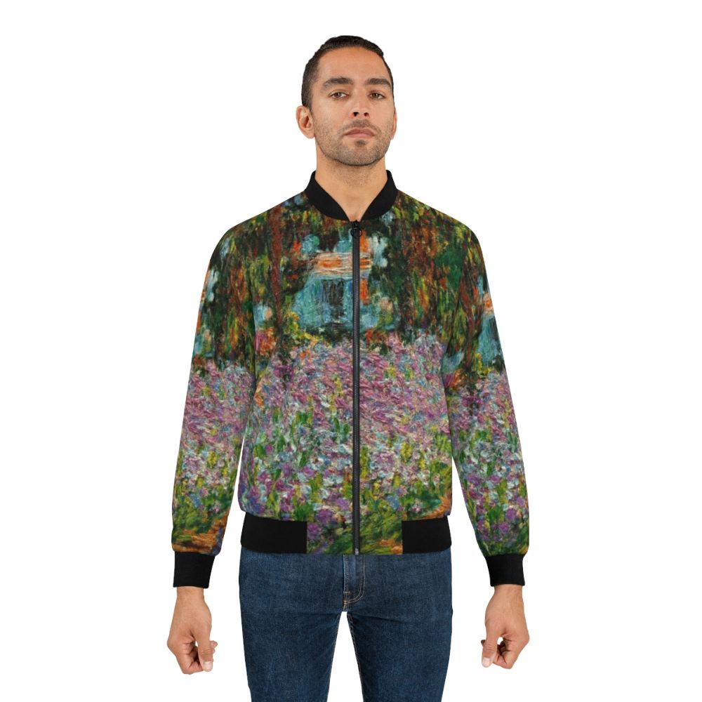 Monet's Garden Irises Bomber Jacket featuring Claude Monet's famous painting - Lifestyle