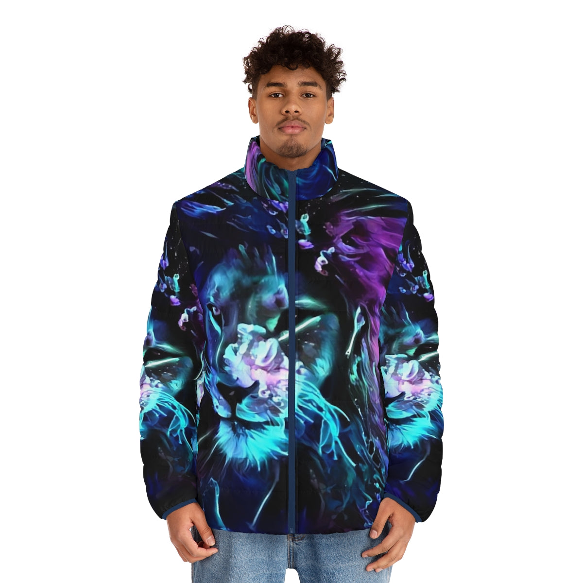 Neon lion puffer jacket with glowing blue, purple, and teal accents - men front