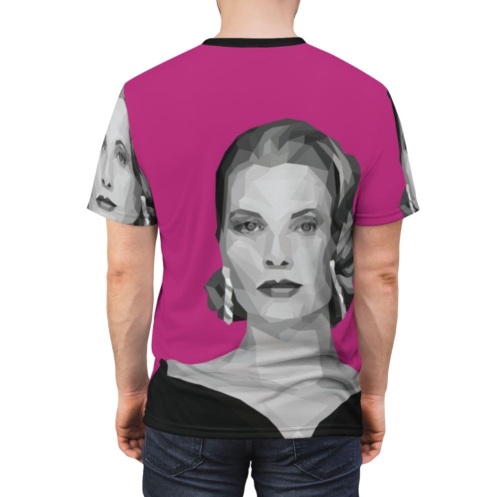 Geometric art pink poly t-shirt design inspired by the elegance and style of classic movie icon Grace Kelly - men back