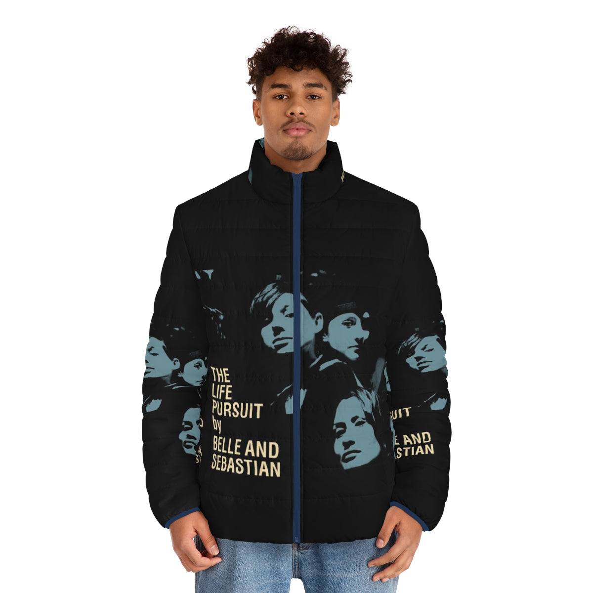 Belle and Sebastian inspired puffer jacket with indie band design - men front