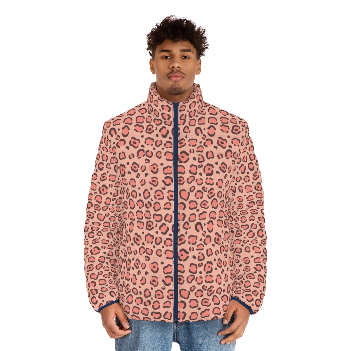 Leopard print puffer jacket with rosette pattern - men front