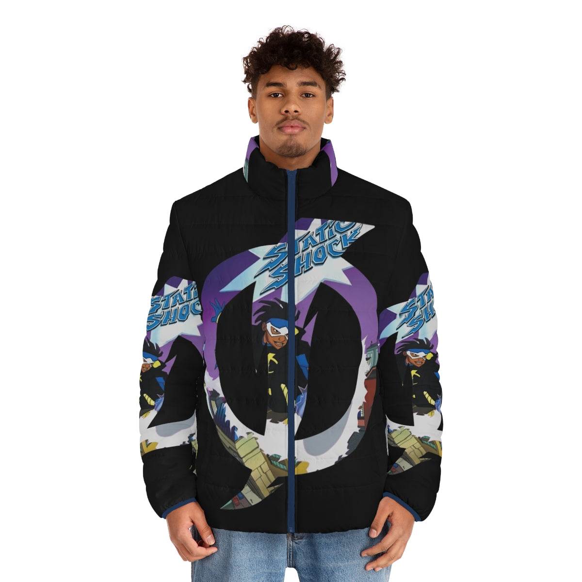 Static Shock Puffer Jacket with Lightning Bolt Design - men front