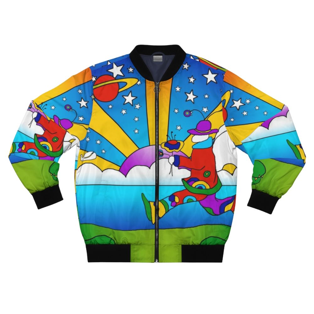 Psychedelic 60s bomber jacket with pop art and hopeful motifs