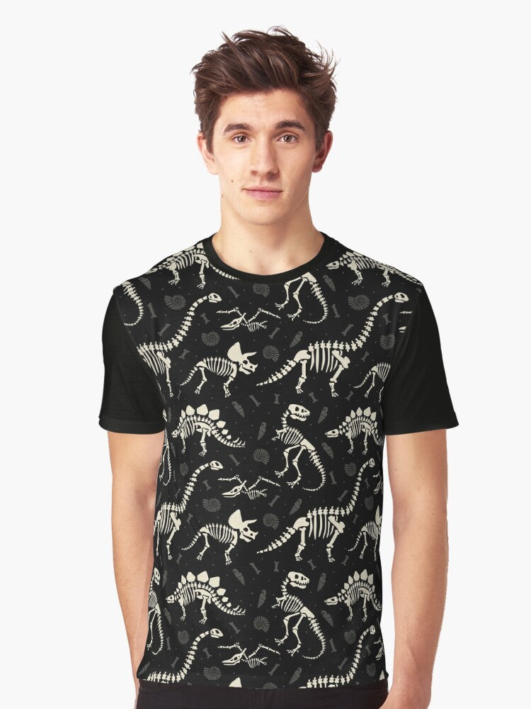 Black t-shirt with a graphic design of dinosaur fossils and bones. - Men