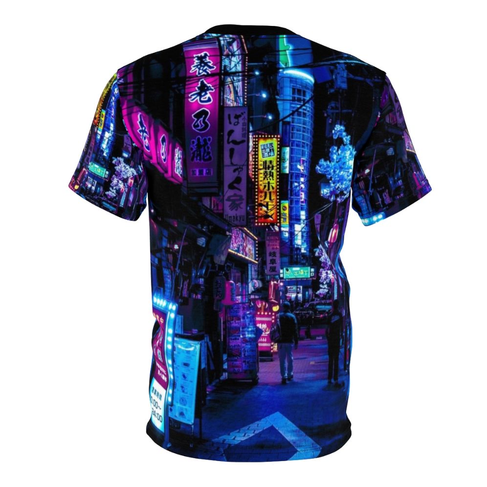 Cyberpunk-inspired t-shirt with a neon graphic of an alley in Tokyo, Japan. - Back