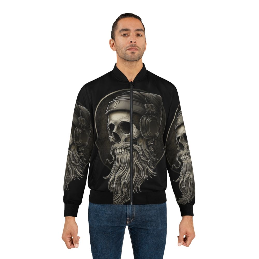 Vintage bomber jacket with bearded skull and headphone design, perfect for heavy metal fans and bikers. - Lifestyle