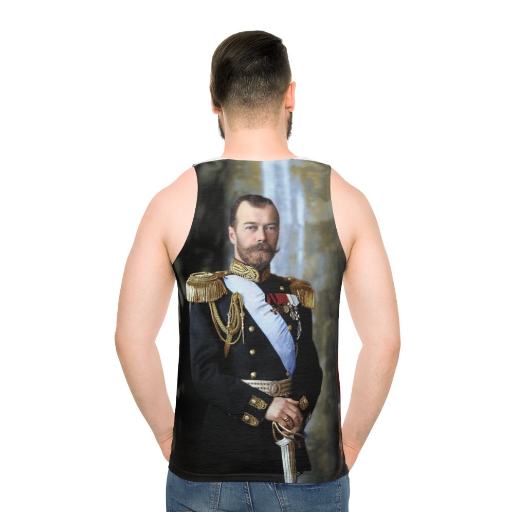 Unisex tank top featuring a historical portrait of Czar Nicholas II of Russia - men back