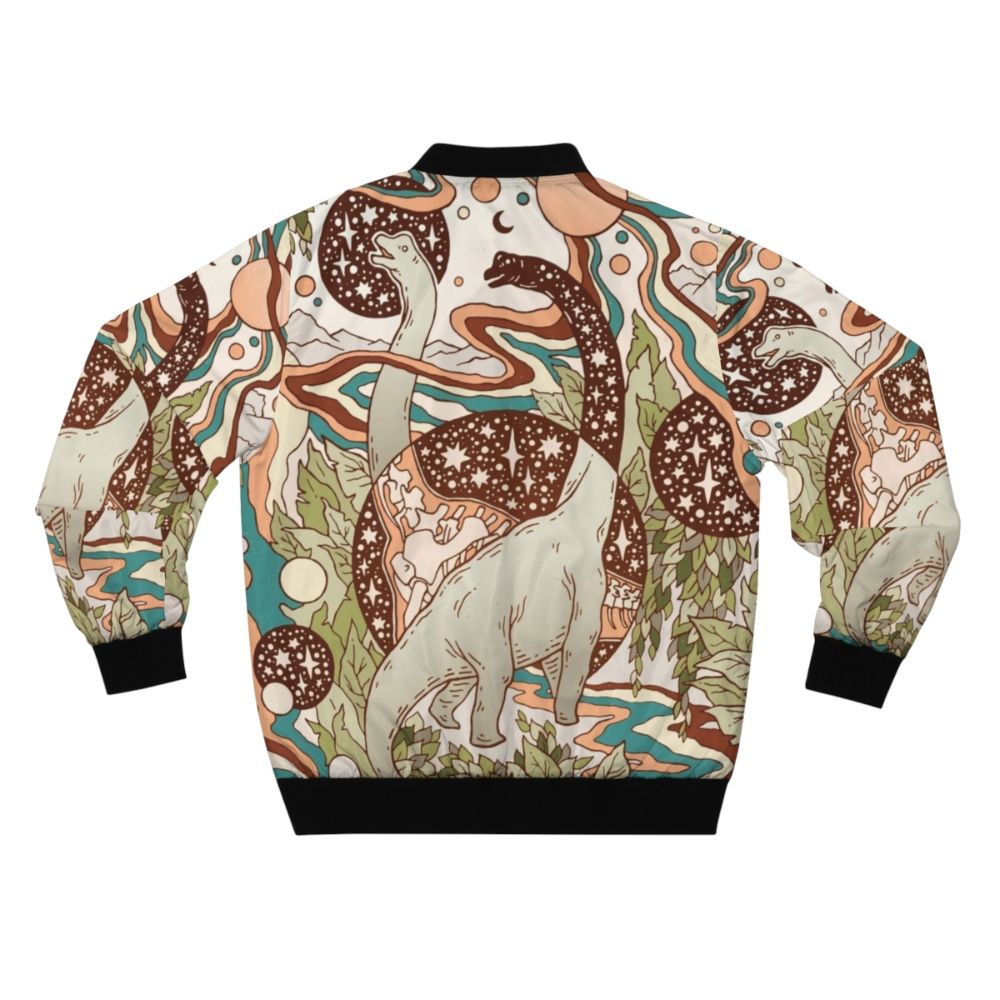 Retro bomber jacket featuring a psychedelic dinosaur sci-fi design in a rainbow palette. - Back