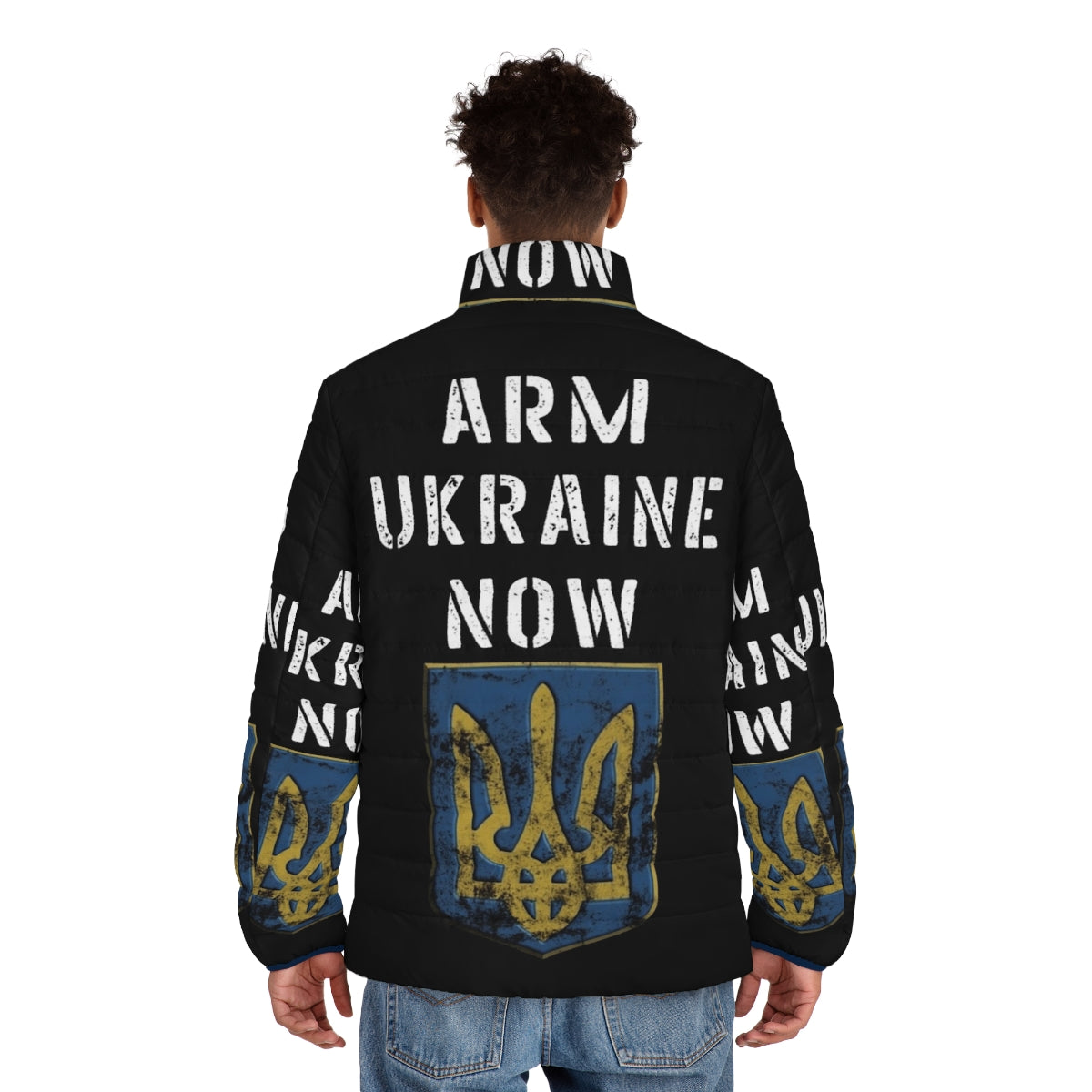 Ukrainian flag puffer jacket supporting Ukraine against Russian invasion - men back