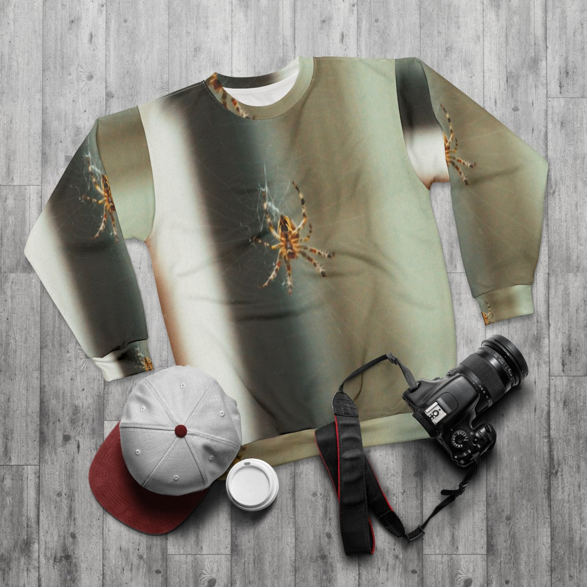 Spooky spider web and legendary animal sweatshirt - flat lay