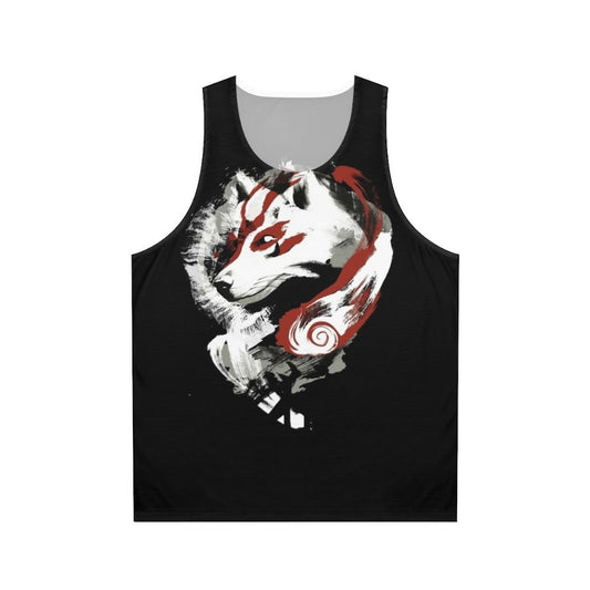 Unisex wolf graphic tank top with retro painterly okami and amaterasu design