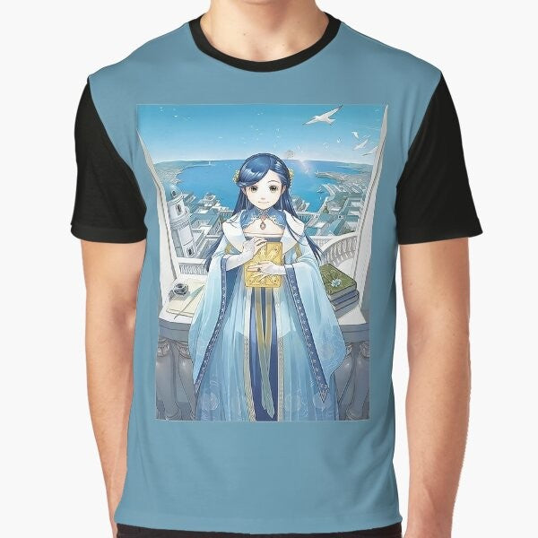 Graphic t-shirt featuring Rozemyne from the anime series Ascendance of a Bookworm, with scenic elements of the Ahrensbach castle and the ocean.