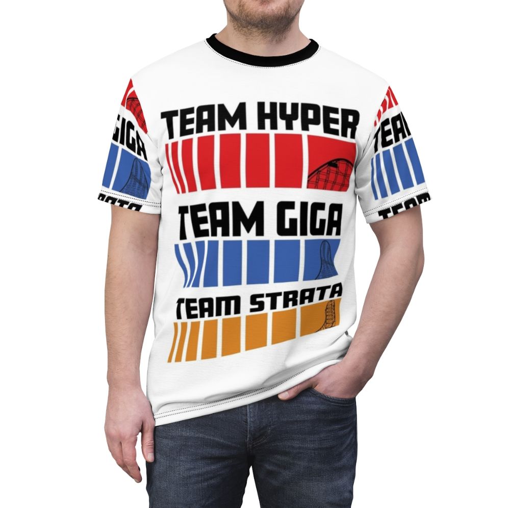 Hyper Giga Strata Roller Coaster Enthusiast T-Shirt with Magnum XL 200, Millennium Force, and Top Thrill Dragster Design - men front