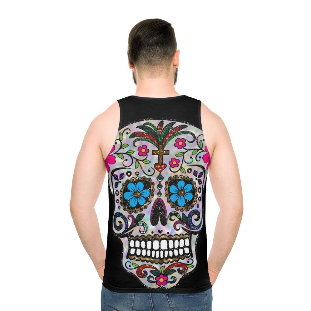 Unisex sugar skull tank top with floral design - men back