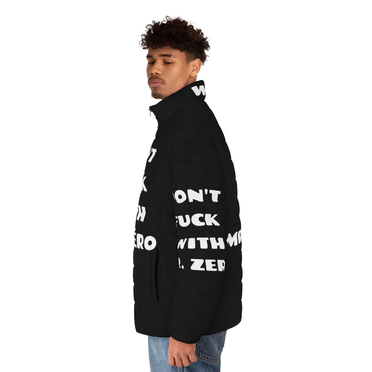 Vintage-style puffer jacket with "Don't Fuck With Mr Zero" text, inspired by 1980s movies - men side left