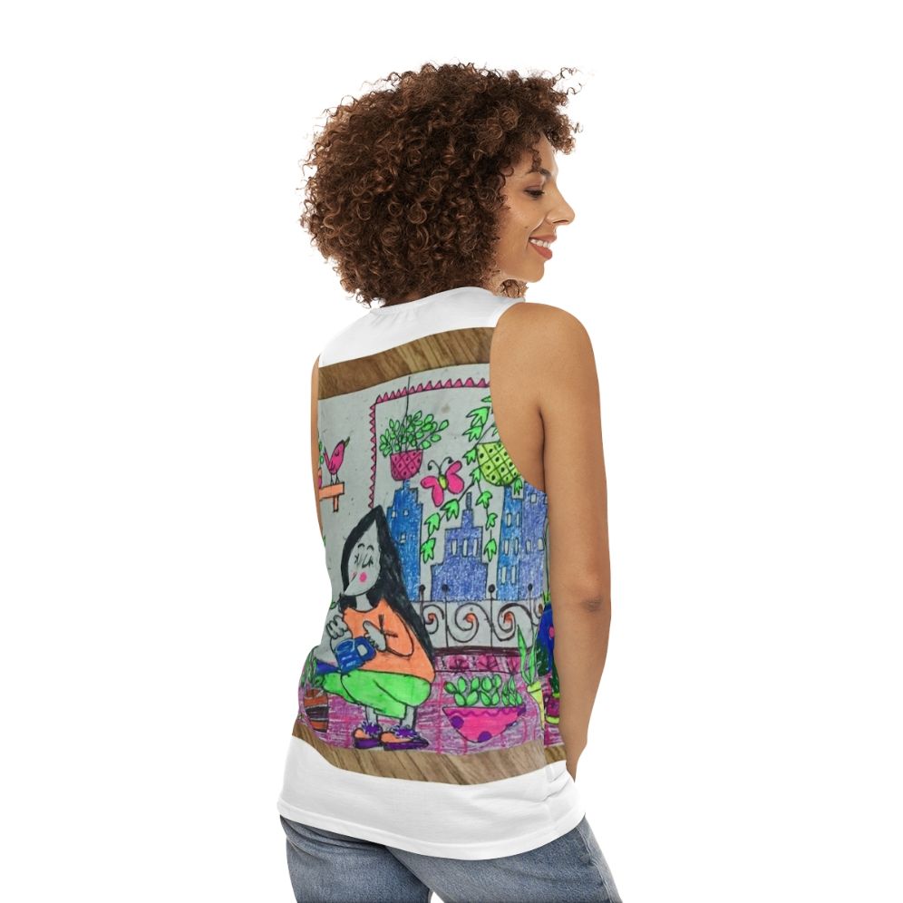 Unisex tank top with nature-inspired design - women back