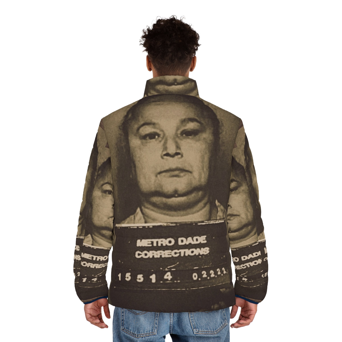 Black widow puffer jacket with Griselda Blanco Restrepo design - men back