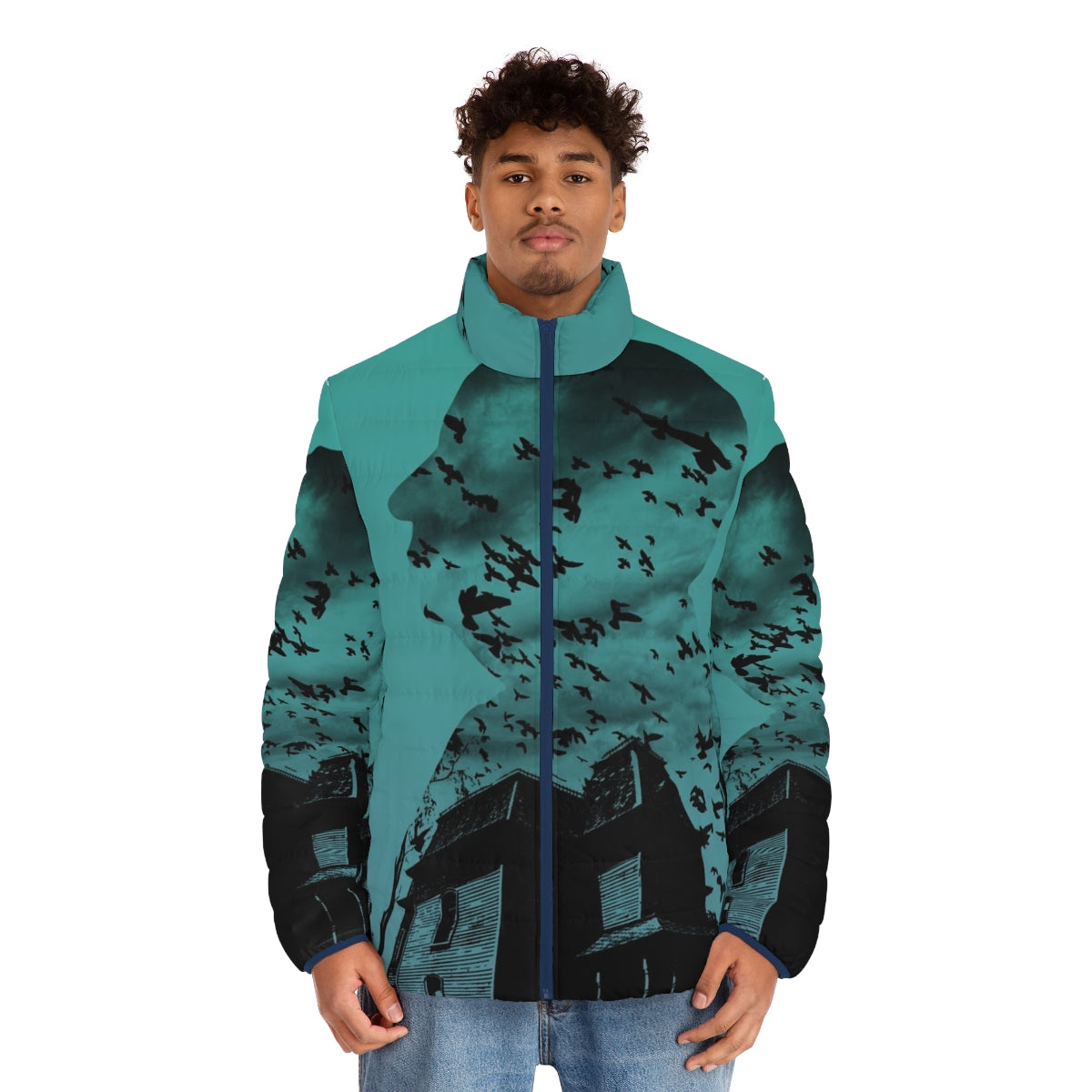 Alfred Hitchcock inspired gradient puffer jacket with collage design - men front