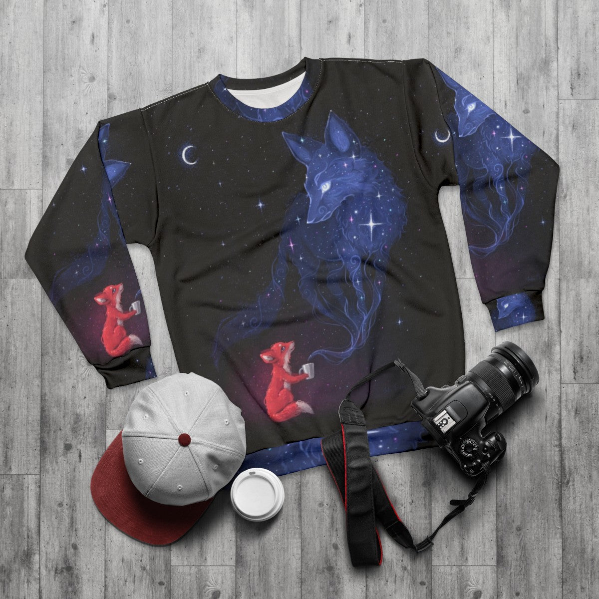 Celestial Sweatshirt featuring a cute animal in a space-themed design - flat lay