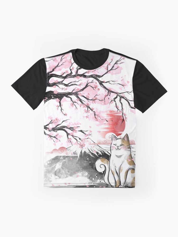 Sakura cat graphic print t-shirt with cherry blossom design - Flat lay