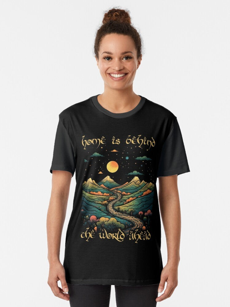 "Lord of the Rings inspired fantasy graphic t-shirt with the quote 'Home is Behind, the World Ahead'" - Women