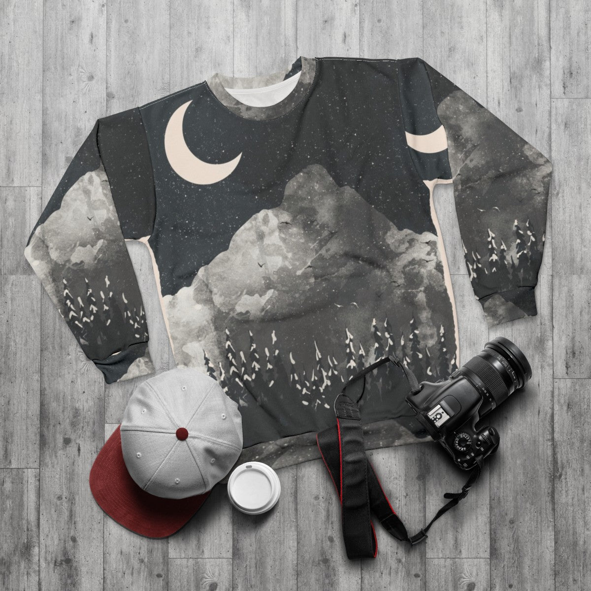 Cozy wolf winter sweatshirt with nature design - flat lay