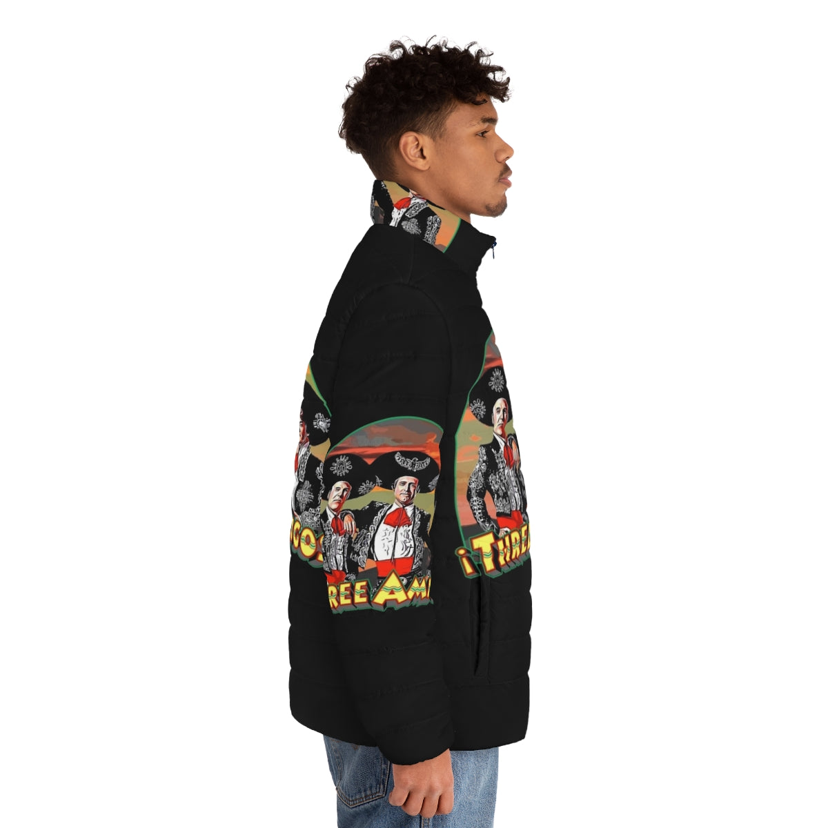 Three Amigos Puffer Jacket featuring the iconic comedy trio from the classic 80s film - men side right